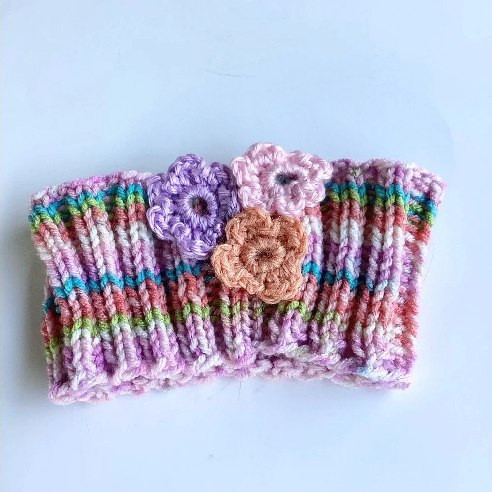 Dog Collar Cover Hand Crafted Spring Pastels Pink Purple Orange Knit
